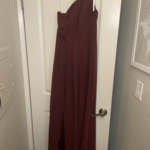 David’s Bridal Long One Shoulder Crinkle Chiffon Bridesmaid dress, color is wine